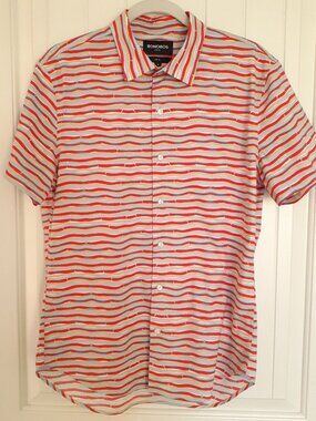 Bonobos Riviera Cotton Short Sleeve Button Up Shirt Red Blue Wavy Stripe Size M